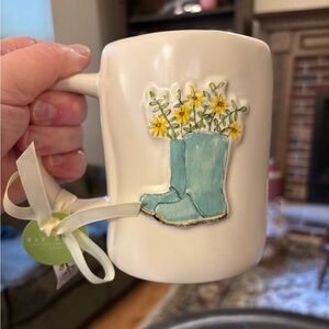 Rae Dunn White Mug with Blue Boot and Yellow Flowers